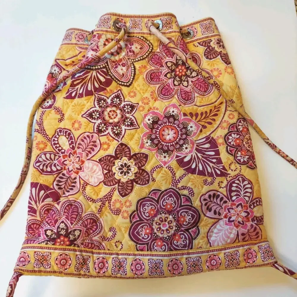 Vera Bradley Cinch String Backpack Yellow Boho Floral Bali Gold Retired‎